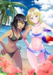  2girls andou_(girls_und_panzer) ass_visible_through_thighs ball bangs beach beachball bikini black_bikini_top black_hair blonde_hair blue_eyes blue_sky blurry blurry_background blurry_foreground breasts brown_eyes closed_mouth clouds cloudy_sky commentary dark_skin day dutch_angle elbow_on_another&#039;s_shoulder eyebrows_visible_through_hair flower frilled_bikini frills frown girls_und_panzer hand_on_hip head_tilt highres holding holding_ball lens_flare looking_at_viewer medium_breasts medium_hair messy_hair multiple_girls navel ocean open_mouth oshida_(girls_und_panzer) palm_tree pink_flower ranka_(yachou_no_kai) side-tie_bikini sky standing swimsuit tree white_bikini 