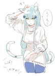  1girl animal_ears blue_hair cat_ears cat_tail commentary_request confused denim girls_frontline green_eyes highres hk416_(girls_frontline) jeans pants shinoe_nun solo speech_bubble sweater tail translated white_background 