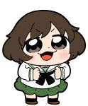  1girl :3 :d akiyama_yukari bangs bkub black_legwear blush brown_eyes brown_footwear brown_hair chibi clenched_hands commentary dot_nose eyebrows_visible_through_hair full_body girls_und_panzer green_serafuku highres long_sleeves medium_hair ooarai_school_uniform open_mouth pleated_skirt sailor_collar school_uniform serafuku simple_background skirt smile solo white_background white_serafuku 