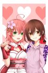  2girls absurdres ahoge bare_shoulders belt breasts brown_eyes brown_hair cleavage_cutout flower gloves green_eyes hair_ornament heart highres hololive hood hoodie multiple_girls nontraditional_miko pink_hair rin_(0917608) roboco-san sakura_miko tagme v virtual_youtuber w 