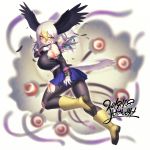  1girl bald_eagle_(kemono_friends) bangs belt bird_tail bird_wings black_jacket black_legwear black_wings blonde_hair blue_skirt boots breasts clenched_teeth commentary dated eyebrows_visible_through_hair eyes_visible_through_hair feathered_wings feathers full_body gloves gradient_hair hair_between_eyes head_wings highres jacket kemono_friends large_breasts long_hair long_sleeves looking_at_viewer multicolored_hair pantyhose pleated_skirt signature skirt solo sweat teeth torn_clothes torn_gloves torn_legwear torn_skirt v-shaped_eyebrows white_belt white_gloves white_hair wings yellow_eyes yellow_footwear yoshida_hideyuki 