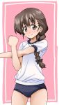  1girl bangs black_bow blue_buruma bow braid brown_eyes brown_hair buruma clenched_hand closed_mouth commentary cowboy_shot eyebrows_visible_through_hair girls_und_panzer gym_shirt gym_uniform hair_bobbles hair_ornament hair_over_shoulder highres ken_(haresaku) light_blush long_hair looking_at_viewer pink_background rukuriri shirt short_sleeves single_braid smile solo standing stretch t-shirt white_shirt 