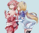  2girls ahoge aki_rosenthal bare_back bare_shoulders blonde_hair breasts green_eyes hair_ornament hairclip hololive miniskirt multiple_girls necktie pink_hair sakura_miko side_ponytail skirt tagme thigh-highs thighs triangle_mouth twintails virtual_youtuber yohane zettai_ryouiki 