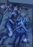  2girls :o ahoge anchor anchor_symbol bangs black_gloves black_legwear blue_neckwear blush book bow breasts brown_hair detached_sleeves fingerless_gloves gloves green_hair hair_between_eyes hair_bow hair_flaps hair_ornament hairclip highres indoors kantai_collection long_hair lying multiple_girls on_back on_side open_mouth pillow pleated_skirt pointing projector red_neckwear remodel_(kantai_collection) sailor_collar school_uniform serafuku shigure_(kantai_collection) short_sleeves skirt socks sugue_tettou thigh-highs twitter_username yamakaze_(kantai_collection) 
