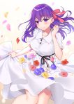  1girl black_ribbon blush breasts collared_dress commentary_request dress fate/stay_night fate_(series) flower hair_ribbon heaven&#039;s_feel highres hizuki_higure long_hair looking_at_viewer matou_sakura medium_breasts petals purple_hair rei_no_himo ribbon simple_background skirt_basket skirt_hold smile solo violet_eyes white_dress 