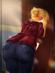  1girl ass bent_over blonde_hair denim door hair_bun idolmaster idolmaster_million_live! idolmaster_million_live!_theater_days indoors jeans long_hair momose_rio pants pocket re_hankkwo solo standing yahankkwo 