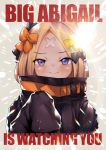  1984 1girl abigail_williams_(fate/grand_order) absurdres backlighting bangs black_bow black_jacket blonde_hair blue_eyes blush bow character_name closed_mouth commentary_request cropped_torso english_text fate/grand_order fate_(series) grey_background hair_bow hair_bun hand_up heroic_spirit_traveling_outfit highres huge_filesize jacket long_hair long_sleeves looking_at_viewer nichigeckoh orange_bow parted_bangs simple_background sleeves_past_fingers sleeves_past_wrists solo upper_body 