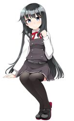  1girl asashio_(kantai_collection) bangs belt black_footwear black_hair black_legwear blue_eyes blush closed_mouth collared_shirt disconnected_mouth dress dress_shirt eyebrows_visible_through_hair full_body highres invisible_chair kantai_collection kirigakure_(kirigakure_tantei_jimusho) long_hair long_sleeves looking_at_viewer neck_ribbon pantyhose pinafore_dress red_neckwear red_ribbon ribbon rudder_footwear school_uniform shirt shoes simple_background sitting smile solo thigh-highs very_long_hair white_background white_shirt 