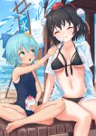  2girls :o :t ^_^ bangs bare_arms bare_legs bare_shoulders barefoot beach bikini black_bikini black_hair black_ribbon blue_bow blue_eyes blue_hair blue_sky blue_swimsuit blush bow breasts cirno closed_eyes clouds collarbone commentary_request day eyebrows_visible_through_hair feeding feet_out_of_frame flower food hair_between_eyes hair_bow hair_flower hair_ornament hat highres holding holding_food ice ice_wings indian_style looking_at_another medium_breasts multiple_girls navel ocean one-piece_swimsuit open_clothes open_mouth open_shirt outdoors pointy_ears pom_pom_(clothes) ribbon roke_(taikodon) shameimaru_aya shaved_ice shirt short_hair short_sleeves sitting sky smile stomach sunflower swimsuit tassel thighs tokin_hat touhou translated white_shirt wings 