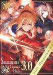  3girls armor artoria_pendragon_(all) artoria_pendragon_(lancer_alter) blonde_hair blue_cape blue_eyes braided_bun breasts cape clarent closed_mouth cover cover_page cowboy_shot detached_sleeves doujin_cover expressionless fate/apocrypha fate/grand_order fate_(series) fur-trimmed_cape fur_trim green_eyes grin hair_ornament hair_scrunchie highres holding holding_sword holding_weapon large_breasts legs_apart looking_at_viewer looking_away mordred_(fate) mordred_(fate)_(all) multiple_girls navel ponytail red_scrunchie red_sleeves saber sakiyamama scrunchie serious short_hair smile standing sword under_boob weapon yellow_eyes 