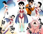  1boy 1girl black_hair blush breasts closed_mouth commentary_request doraemon groin highres kakkii looking_at_viewer minamoto_shizuka multiple_boys navel nobi_nobita open_mouth short_hair smile tentacles torn_clothes twintails 