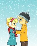  1boy 1girl adjusting_another&#039;s_clothes adjusting_scarf beanie blonde_hair blue_eyes brother_and_sister charlie_brown coat dress earmuffs gloves haku_le hat peanuts scarf short_hair siblings snow winter winter_clothes winter_coat 