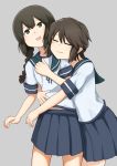  2girls black_eyes black_hair blue_skirt braid brown_hair closed_eyes cowboy_shot eyebrows_visible_through_hair grey_background hair_between_eyes highres hug isonami_(kantai_collection) kantai_collection long_hair looking_up miyuki_(kantai_collection) multiple_girls pleated_skirt sailor_collar school_uniform serafuku shirt short_hair short_sleeves sidelocks simple_background skirt white_shirt yotubawatane 