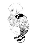 1boy androgynous bob_cut casual choker earrings high_heels jewelry lio_fotia male_focus meme_attire off_shoulder open-chest_sweater open_mouth promare shirt shorts solo sweater unakura white_background 