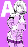  1girl arm_under_breasts bangs bow bowtie breast_hold breasts closed_mouth collared_shirt commentary_request cowboy_shot eyebrows_visible_through_hair hair_between_eyes head_tilt initial jacket kamekoya_sato large_breasts long_sleeves looking_at_viewer miniskirt monochrome off_shoulder outline pantyhose pleated_skirt purple_background purple_theme school_uniform shinjou_akane shirt short_hair simple_background skirt sleeves_past_wrists smile solo ssss.gridman standing v white_outline 
