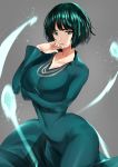  1girl arm_under_breasts bangs black_hair breast_hold breasts collarbone collared_dress covered_navel cowboy_shot dress fubuki_(one-punch_man) fujitsubo_(hujitubo0731) green_dress green_eyes hand_on_own_face highres jewelry large_breasts long_sleeves looking_at_viewer necklace one-punch_man parted_lips short_hair simple_background solo standing telekinesis 