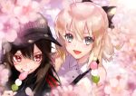  2girls :d bangs bare_shoulders baseball_cap black_bow black_hair black_headwear black_jacket blonde_hair blurry blurry_foreground blush bow breasts cherry_blossoms clothes_writing collared_shirt commentary_request dango depth_of_field dress_shirt eating eyebrows_visible_through_hair fate/grand_order fate_(series) food grey_eyes hair_between_eyes hair_bow hat headwear_writing highres holding holding_food jacket koha-ace long_hair looking_at_viewer multiple_girls oda_nobunaga_(fate) okita_souji_(fate) okita_souji_(fate)_(all) open_mouth petals sanshoku_dango shirt sleeveless sleeveless_shirt small_breasts smile upper_body utayoi_(umakatare) v-shaped_eyebrows wagashi white_shirt 