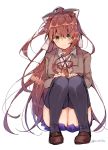  1girl artist_name az_37331m bangs black_legwear blazer blue_skirt blush bow brown_hair closed_mouth collared_shirt commentary_request doki_doki_literature_club eyebrows_visible_through_hair full_body green_eyes hair_between_eyes hair_bow hair_intakes hands_on_own_knees highres jacket long_hair long_sleeves looking_at_viewer monika_(doki_doki_literature_club) neck_ribbon over-kneehighs pleated_skirt ponytail red_ribbon ribbon school_uniform shirt sidelocks simple_background skirt solo squatting thigh-highs white_background white_bow white_ribbon wing_collar 