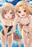 2girls azur_lane bangs bikini black_swimsuit blonde_hair blue_bikini blue_sky breasts cleveland_(azur_lane) clouds collarbone day eyebrows_visible_through_hair hair_flaps highres long_hair looking_at_viewer montpelier_(azur_lane) multiple_girls navel ocean one-piece_swimsuit one_side_up open_mouth outdoors red_eyes side-tie_bikini silver_hair sky small_breasts smile star star_print swimsuit vanivivi water 
