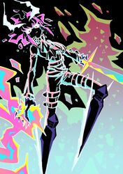  1boy alternate_form belt biker_clothes black_gloves black_hair black_jacket cravat fire gloves horns jacket lio_fotia looking_at_viewer male_focus nico_(hero300) promare solo sword tears weapon 