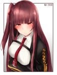  1girl absurdres bangs black_jacket blazer blunt_bangs blush breasts character_name closed_mouth collared_shirt eyebrows_visible_through_hair girls_frontline hair_ribbon highres jacket kumanoko necktie one_side_up purple_hair red_eyes red_neckwear red_ribbon ribbon shirt simple_background solo upper_body wa2000_(girls_frontline) white_background 