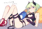  1boy black_gloves blonde_hair blush bra crossdressinging demon_tail demon_wings disgaea earrings gloves green_hair half_gloves horns jewelry lio_fotia looking_at_viewer male_focus moegi0926 navel otoko_no_ko panties pillow promare solo tail underwear violet_eyes wings 