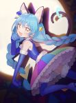  1girl :d animal_ear_fluff animal_ears blue_footwear blue_gloves blue_hair blue_headwear blue_shirt boots braid cat_ears cat_tail cure_cosmo earrings elbow_gloves extra_ears gloves hat highres jewelry long_hair looking_at_viewer magical_girl mini_hat mini_top_hat multicolored multicolored_clothes multicolored_skirt open_mouth orange_eyes precure rainbow_skirt shadow shirt skirt sleeveless sleeveless_shirt smile solo spotlight star_twinkle_precure tail tail_ring tere thigh-highs thigh_boots top_hat twin_braids yuni_(precure) 