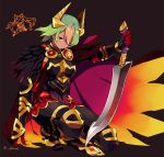  1girl armor armored_boots black_background boots breastplate cape chibi chibi_inset feather_trim fire_emblem fire_emblem_heroes full_body gauntlets green_hair guttary horn_ornament kneeling laegjarn_(fire_emblem) laevatein_(fire_emblem) lavender_lipstick lips looking_at_viewer multicolored_hair orange_hair red_eyes short_hair simple_background solo sword twitter_username two-tone_hair weapon 