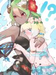  !? 2girls armlet ass between_breasts bikini black_swimsuit blonde_hair blue_bikini blue_eyes blue_hair blush breast_press breasts commentary_request dark_skin earrings fire_emblem fire_emblem_heroes fjorm_(fire_emblem) flower full-face_blush gradient_hair green_hair hair_between_eyes hair_flower hair_ornament head_between_breasts head_wreath hibiscus highres hug jewelry laegjarn_(fire_emblem) large_breasts looking_away looking_to_the_side multicolored_hair multiple_girls one-piece_swimsuit orange_hair red_eyes red_flower sakuramotikun short_hair sweatdrop swimsuit water weapon white_background yuri 