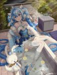  1girl absurdres animal bath bathtub blue_eyes blue_hair blush_stickers cabinet chair chinese_commentary clothed_bath commentary_request crown cup detached_collar detached_sleeves drinking_glass faucet food frilled_skirt frills fruit hair_ornament hatsune_miku highres hmax holding holding_pipe juliet_sleeves lemon long_hair long_sleeves nail_polish outdoors pipe princess puffy_sleeves rabbit rug see-through skirt snowflake_hair_ornament sunlight tiara twintails very_long_hair vocaloid wet wet_clothes wine_glass yuki_miku_(2019) yukine_(vocaloid) 