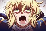  1girl artoria_pendragon_(all) blonde_hair braid emiya_kiritsugu eyebrows_visible_through_hair fate/grand_order fate/stay_night fate/zero fate_(series) fujitaka_nasu green_eyes hair_between_eyes highres open_mouth parody saber screaming short_hair simple_background solo sweat tearing_up upper_body white_background 