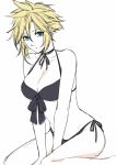  1girl bikini black_bikini blonde_hair blue_eyes breasts cloud_strife final_fantasy final_fantasy_vii genderswap genderswap_(mtf) medium_breasts short_hair simple_background solo source_request swimsuit white_background 