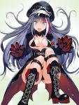  1girl ass azur_lane bikini black_bikini blue_eyes boots breasts breasts_apart choker covered_nipples deutschland_(azur_lane) fangs goggles goggles_on_headwear grey_hair hat iron_cross long_hair medium_breasts open_mouth peaked_cap prosthetic_hand sharp_teeth shoelaces solo swimsuit t90t80 teeth trench_coat very_long_hair white_background 