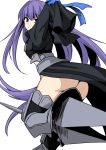  1girl armor armored_boots ass bangs blue_eyes blue_ribbon blush boots commentary_request crotch_plate eyebrows_visible_through_hair fate/grand_order fate_(series) hair_ribbon long_hair long_sleeves looking_at_viewer meltryllis purple_hair revealing_clothes ribbon shiseki_hirame simple_background sleeves_past_wrists smile solo thigh-highs very_long_hair white_background 