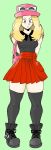  1girl absurdres bag black_shirt blonde_hair breasts charge_sol dress game_freak green_background grey_eyes hat highres holding holding_bag looking_at_viewer nintendo pokemon pokemon_(game) pokemon_xy red_dress serena_(pokemon) shirt short_dress simple_background solo tagme thick_thighs thigh-highs thighs 