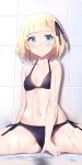  1girl bangs bare_arms bare_shoulders between_legs bikini black_bikini black_ribbon blonde_hair blush breasts closed_mouth collarbone commentary_request eyebrows_visible_through_hair fate_(series) fingernails green_eyes hair_ribbon hand_between_legs highres jilu looking_at_viewer lord_el-melloi_ii_case_files navel reines_el-melloi_archisorte ribbon side-tie_bikini small_breasts solo spread_legs swimsuit tile_wall tiles wet 