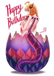  1girl ahoge bangs breasts commentary_request covering covering_breasts dragon_girl dragon_horns dragon_tail eggshell english_text from_behind happy_birthday hatching highres hololive horns kiryu_coco kivo large_breasts long_hair looking_at_viewer nude orange_hair pointy_ears simple_background solo tail violet_eyes white_background 