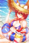  1girl absurdres animal_ear_fluff animal_ears beach bikini blue_bikini blush bow bracelet breasts ears_through_headwear eyebrows_visible_through_hair fate/grand_order fate_(series) food fox_ears fruit hand_on_headwear hat hat_bow highres holding hyangu ice_cream innertube jewelry large_breasts looking_at_viewer necklace outdoors pink_eyes redhead sand scrunchie smile solo strawberry summer sun_hat swimsuit tamamo_(fate)_(all) tamamo_no_mae_(swimsuit_lancer)_(fate) wrist_scrunchie yellow_eyes 
