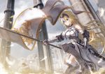  1girl armor armored_boots armored_dress bae.c bangs blonde_hair blue_eyes blue_sky blurry blurry_background boots closed_mouth clouds commentary_request day depth_of_field dress eyebrows_visible_through_hair fate/grand_order fate_(series) flag fur-trimmed_legwear fur_trim gauntlets hair_between_eyes headpiece holding holding_flag holding_sword holding_weapon jeanne_d&#039;arc_(fate) jeanne_d&#039;arc_(fate)_(all) one_knee outdoors pillar purple_legwear sky solo sword thigh-highs weapon white_dress 