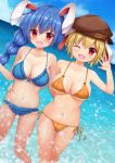  2girls ;d absurdres animal_ears bangs bare_arms bare_legs bare_shoulders bikini blonde_hair blue_bikini blue_hair blue_sky blush braid breasts brown_headwear clouds collarbone commentary_request day dutch_angle eyebrows_visible_through_hair feet_out_of_frame flat_cap frilled_bikini frills front-tie_bikini front-tie_top groin hair_between_eyes hand_up hat highres large_breasts long_braid long_hair looking_at_viewer multiple_girls navel ocean one_eye_closed open_mouth orange_bikini outdoors rabbit_ears red_eyes ringo_(touhou) seiran_(touhou) short_hair single_braid sky smile standing stomach suigetsu_(watermoon-910) swimsuit thighs touhou wading 