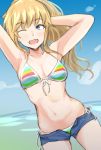  1girl armpits bangs bare_arms bikini blonde_hair blue_eyes blurry blurry_background blush breasts clouds commentary_request eyebrows_visible_through_hair idolmaster idolmaster_cinderella_girls long_hair medium_breasts navel one_eye_closed ootsuki_yui open_mouth outdoors ponytail short_shorts shorts smile solo swimsuit unu_(unucence) upper_teeth wavy_hair 