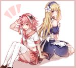  2boys :d alternate_costume apron astolfo_(fate) black_bow blonde_hair blue_eyes blue_hairband blue_sleeves blush bow braid brown_footwear chevalier_d&#039;eon_(fate/grand_order) clenched_teeth collarbone detached_sleeves embarrassed enmaided eyebrows_visible_through_hair fang fate/grand_order fate_(series) floating_hair flower frilled_apron frills hair_between_eyes hair_bow hair_flower hair_intakes hair_ornament hairband loafers long_hair looking_back maid midriff miniskirt miyuzu multiple_boys open_mouth otoko_no_ko pink_hair pink_neckwear pink_sailor_collar pink_skirt pleated_skirt red_eyes sailor_collar school_uniform serafuku shiny shiny_hair shirt shoes short_sleeves simple_background single_braid skirt smile stomach straight_hair sweatdrop teeth thigh-highs very_long_hair w white_apron white_background white_bow white_flower white_legwear white_shirt wrist_cuffs zettai_ryouiki 
