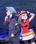  1boy 1girl absurdres bike_shorts black_pants black_shorts blue_eyes blurry blurry_background brown_hair clenched_teeth clouds cloudy_sky collared_jacket gloves haruka_(pokemon) highres jacket jewelry long_hair miniskirt ocean open_mouth outdoors pants pokemon pokemon_(game) pokemon_rse rain red_jacket ring short_shorts short_sleeves shorts shorts_under_skirt silver_hair skirt sky spiky_hair teeth tsuwabuki_daigo wet wet_hair white_skirt wing_collar yuihiko 