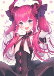  1girl :d alternate_hairstyle bangs beige_background black_dress blue_eyes blush commentary_request curled_horns detached_sleeves dragon_horns dress elizabeth_bathory_(fate) elizabeth_bathory_(fate)_(all) eyebrows_behind_hair fang fate/extra fate/extra_ccc fate_(series) hair_between_eyes hair_ribbon hands_up heart heart_background horns long_hair long_sleeves open_mouth pink_hair pointy_ears purple_ribbon ribbon sleeves_past_wrists smile solo suzuho_hotaru twintails very_long_hair white_sleeves 