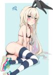  1girl alternate_costume anchor_hair_ornament arm_support ass bikini black_bikini blonde_hair blue_background blue_footwear border breasts chigasaki_y commentary_request grey_eyes hair_ornament highres kantai_collection long_hair shimakaze_(kantai_collection) shoes sitting small_breasts sneakers solo squiggle striped striped_legwear swimsuit two-tone_background white_border yokozuwari 