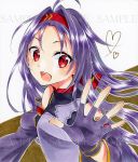  1girl :d ahoge alto2019 breastplate brown_background detached_sleeves fingerless_gloves floating_hair gloves hair_intakes headband long_hair long_sleeves looking_at_viewer marker_(medium) open_mouth outstretched_hand purple_gloves purple_hair purple_sleeves red_eyes red_headband sample shiny shiny_hair smile solo sword_art_online traditional_media two-tone_background white_background yuuki_(sao) 