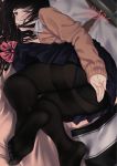  1girl ass bangs black_hair black_panties blue_eyes blue_skirt blurry blurry_background bow bowtie bowtie_removed brown_cardigan closed_mouth collared_shirt covering covering_ass feet highres indoors long_hair multiple_girls original panties panties_under_pantyhose pantyhose pleated_skirt red_neckwear saitou_(lynx-shrike) scan school_uniform shirt sidelocks signature skirt solo striped striped_shirt sweater top-down_bottom-up underwear white_shirt 