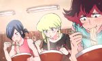  3boys blonde_hair blue_hair blush bowl casual chopsticks earrings eating food gueira hair_over_one_eye hair_up highres holding holding_chopsticks jewelry kannoiimituhiko lio_fotia long_hair mad_burnish male_focus meis_(promare) multiple_boys noodles open_mouth ponytail promare ramen redhead smile steam table 