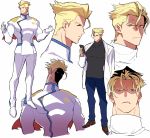  anger_vein blonde_hair closed_eyes closed_mouth expressions formal gloves highres kray_foresight labcoat male_focus pants pectorals pro_ur_sumi promare red_eyes shaded_face short_hair smile suit turtleneck white_gloves 