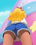  1girl amamiya_erena blonde_hair blue_shorts broom dark_skin denim denim_shorts from_behind hairband haruyama_kazunori orange_hairband panties pantyshot pantyshot_(standing) precure short_hair shorts solo standing star_twinkle_precure underwear upshorts white_panties 